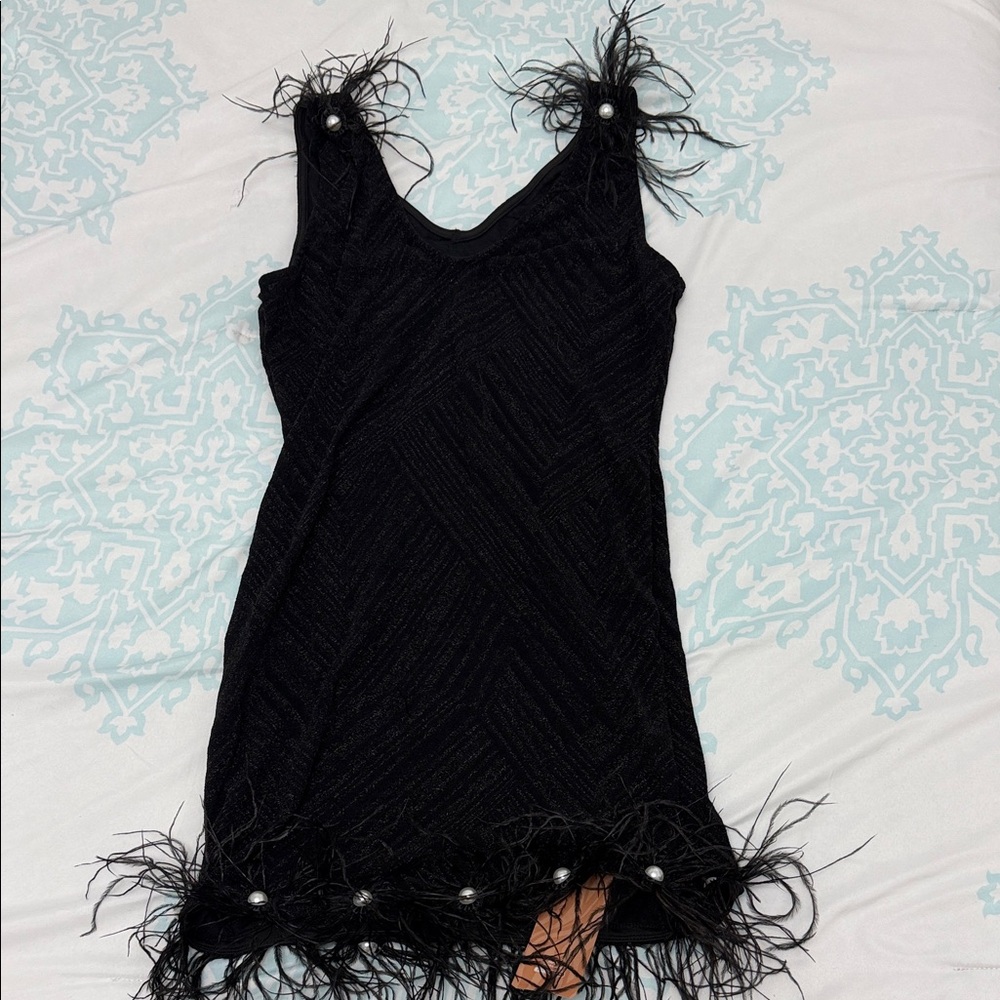 Elegant Black Feather-Trimmed Dress